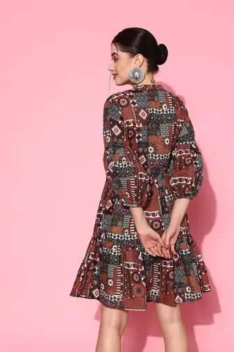  rust digital print fit and flare tiered dress
