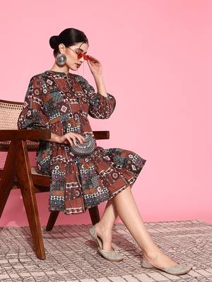  rust digital print fit and flare tiered dress 5