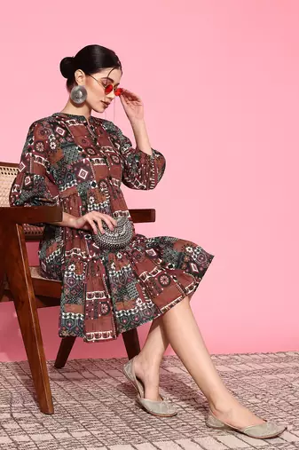  rust digital print fit and flare tiered dress