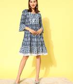 women blue paisley fit and flare short dress