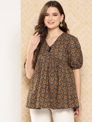 Yufta women brown geometric a-line alia-cut top 1