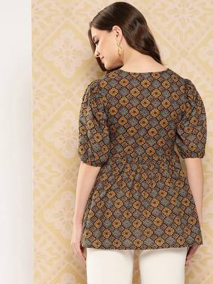 Yufta women brown geometric a-line alia-cut top 3