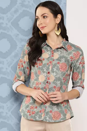 green cotton floral printed shirt