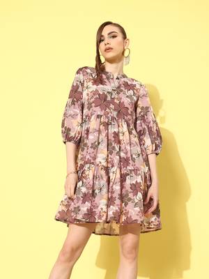  brown floral fit and flare tiered dress 1