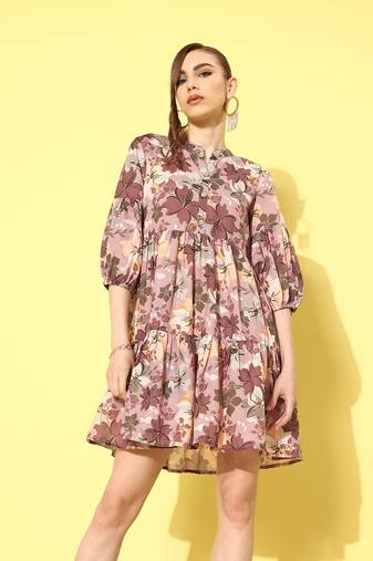  brown floral fit and flare tiered dress