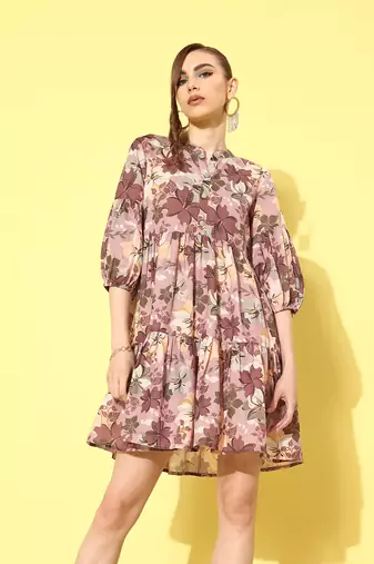  brown floral fit and flare tiered dress