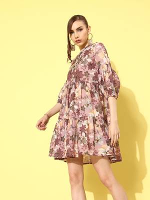  brown floral fit and flare tiered dress 2