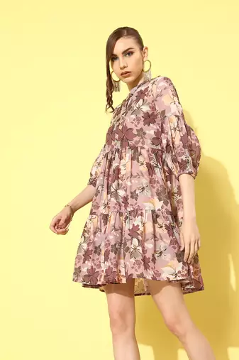  brown floral fit and flare tiered dress