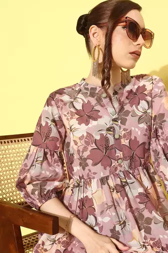  brown floral fit and flare tiered dress