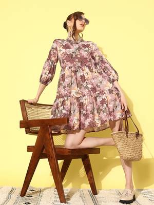  brown floral fit and flare tiered dress 5