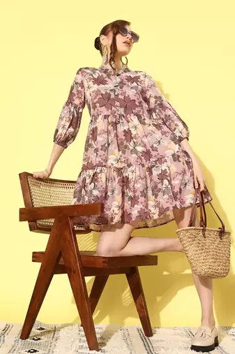  brown floral fit and flare tiered dress