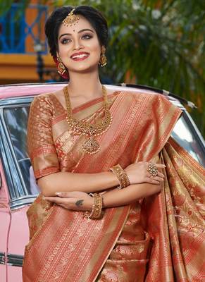 Sangam prints gold & red kanjivaram silk woven work traditional tassels saree 3