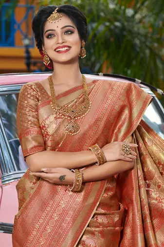 Sangam prints gold & red kanjivaram silk woven work traditional tassels saree