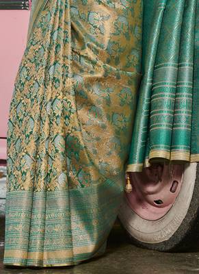 Sangam prints gold & teal kanjivaram silk woven work traditional tassels saree 2