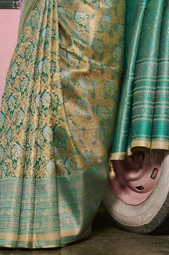 Sangam prints gold & teal kanjivaram silk woven work traditional tassels saree