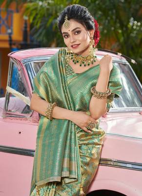 Sangam prints gold & teal kanjivaram silk woven work traditional tassels saree 3