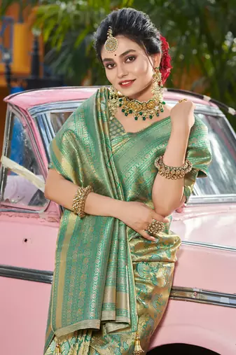 Sangam prints gold & teal kanjivaram silk woven work traditional tassels saree