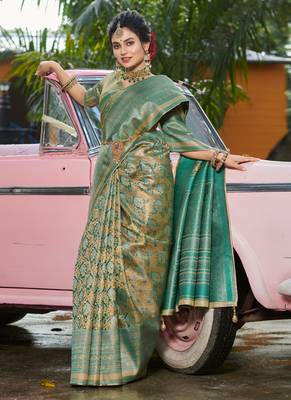 Sangam prints gold & teal kanjivaram silk woven work traditional tassels saree 1