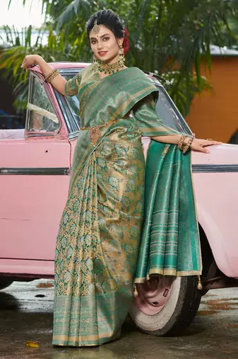 Sangam prints gold & teal kanjivaram silk woven work traditional tassels saree