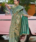 Sangam prints gold & teal kanjivaram silk woven work traditional tassels saree