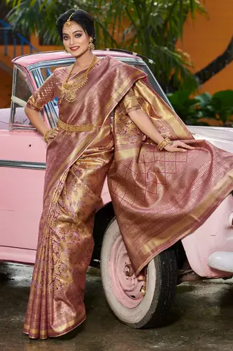 Sangam prints gold & mauve kanjivaram silk woven work traditional tassels saree