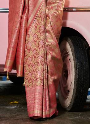 Sangam prints gold & pink kanjivaram silk woven work traditional tassels saree 2