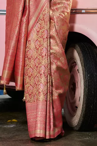 Sangam prints gold & pink kanjivaram silk woven work traditional tassels saree