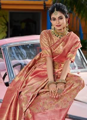 Sangam prints gold & pink kanjivaram silk woven work traditional tassels saree 3