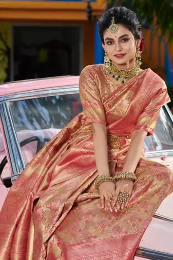 Sangam prints gold & pink kanjivaram silk woven work traditional tassels saree