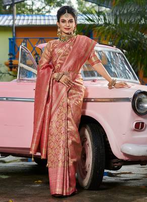 Sangam prints gold & pink kanjivaram silk woven work traditional tassels saree 1