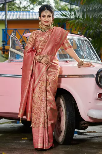 Sangam prints gold & pink kanjivaram silk woven work traditional tassels saree