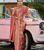 Sangam prints gold & pink kanjivaram silk woven work traditional tassels saree