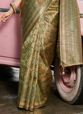Sangam prints gold & green kanjivaram silk woven work traditional tassels saree 2