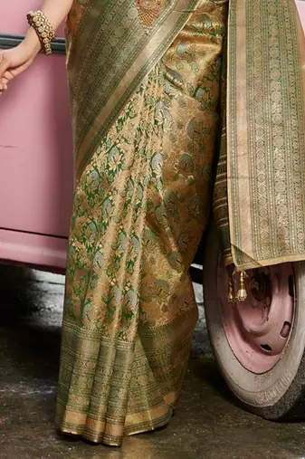 Sangam prints gold & green kanjivaram silk woven work traditional tassels saree