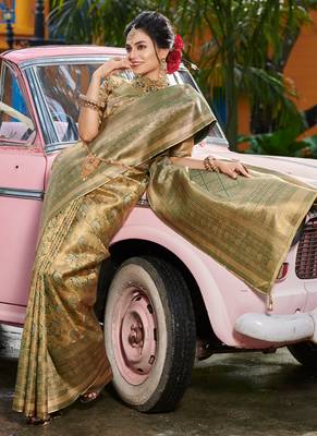 Sangam prints gold & green kanjivaram silk woven work traditional tassels saree 3