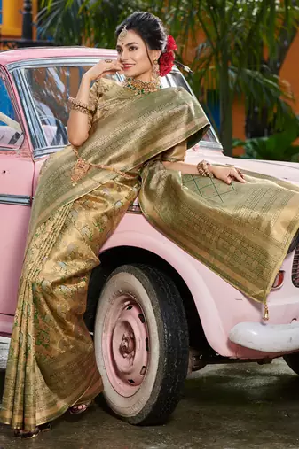 Sangam prints gold & green kanjivaram silk woven work traditional tassels saree
