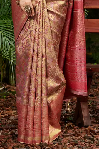 Sangam prints gold & pink kanjivaram silk woven work traditional tassels saree