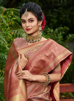 Sangam prints gold & pink kanjivaram silk woven work traditional tassels saree 3