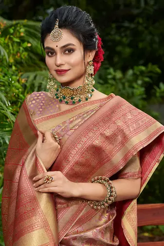Sangam prints gold & pink kanjivaram silk woven work traditional tassels saree