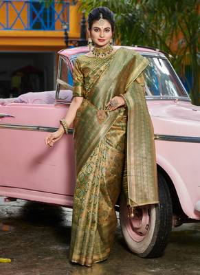 Sangam prints gold & green kanjivaram silk woven work traditional tassels saree 1