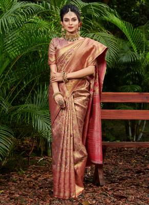 Sangam prints gold & pink kanjivaram silk woven work traditional tassels saree 1