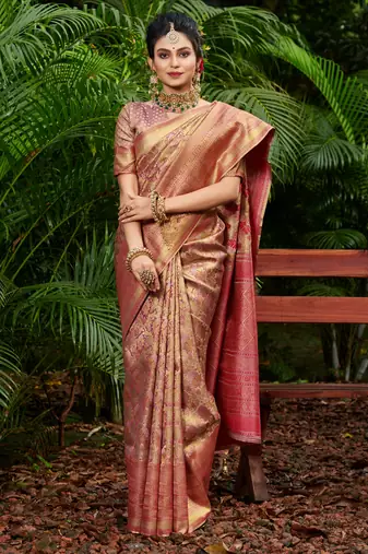 Sangam prints gold & pink kanjivaram silk woven work traditional tassels saree