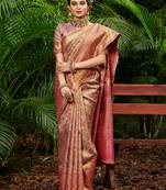 Sangam prints gold & pink kanjivaram silk woven work traditional tassels saree