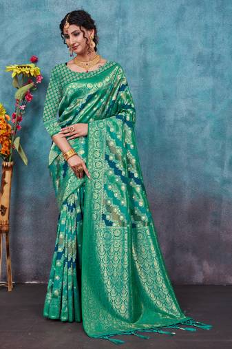 Sangam Prints Sea Green & Blue Banarasi silk blend Rich Pallu silk Traditional Tassels Saree