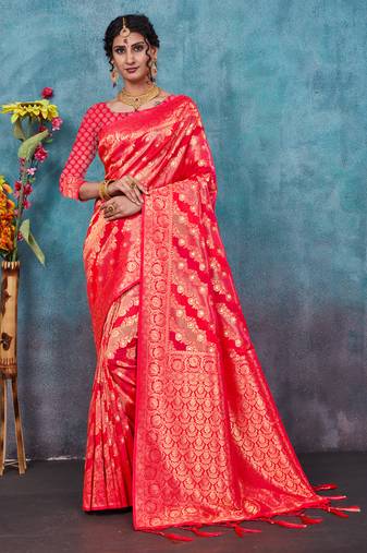 Sangam Prints Pink Banarasi silk blend Rich Pallu silk Traditional Tassels Saree