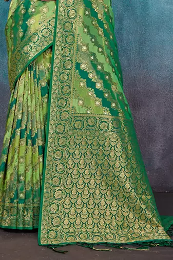 Sangam Prints Green Banarasi silk blend Rich Pallu silk Traditional Tassels Saree
