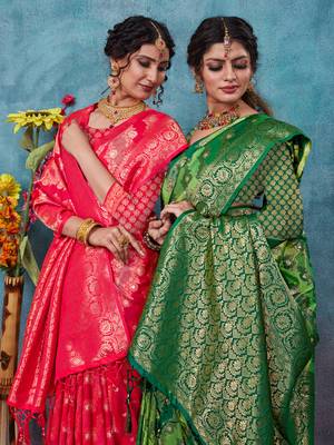 Sangam Prints Green Banarasi silk blend Rich Pallu silk Traditional Tassels Saree 3
