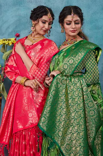Sangam Prints Green Banarasi silk blend Rich Pallu silk Traditional Tassels Saree
