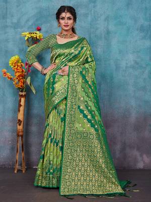 Sangam Prints Green Banarasi silk blend Rich Pallu silk Traditional Tassels Saree 1