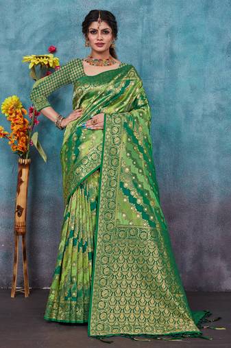 Sangam Prints Green Banarasi silk blend Rich Pallu silk Traditional Tassels Saree